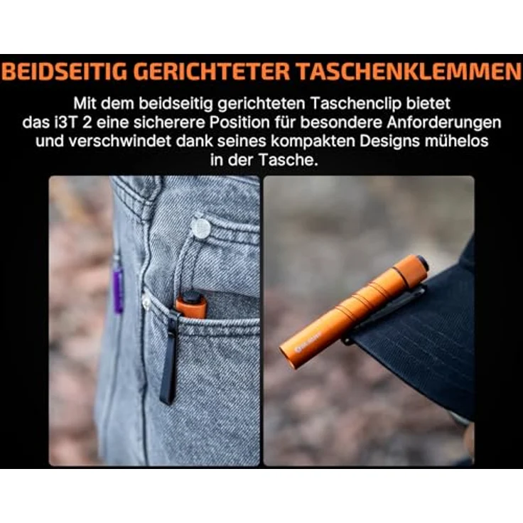 OLIGHT I3T 2 Mini Taschenlampe, 200 Lumen, kompakt mit 2 Lichtmodi, beidseitigem Taschenclip, IPX8 wasserdicht, orange – Bild 5