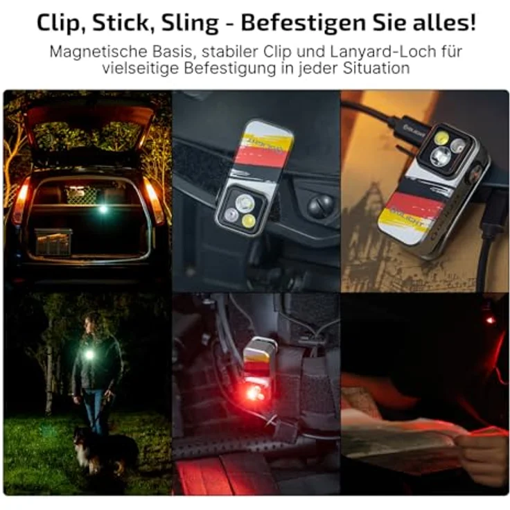 OLIGHT Oclip Pro Mini LED Taschenlampe, 500 Lumen, USB-C wiederaufladbar, IPX6 wasserdicht, Flutlicht und Rotlicht, kompakt mit Clip (Deutsche Flagge) – Bild 4