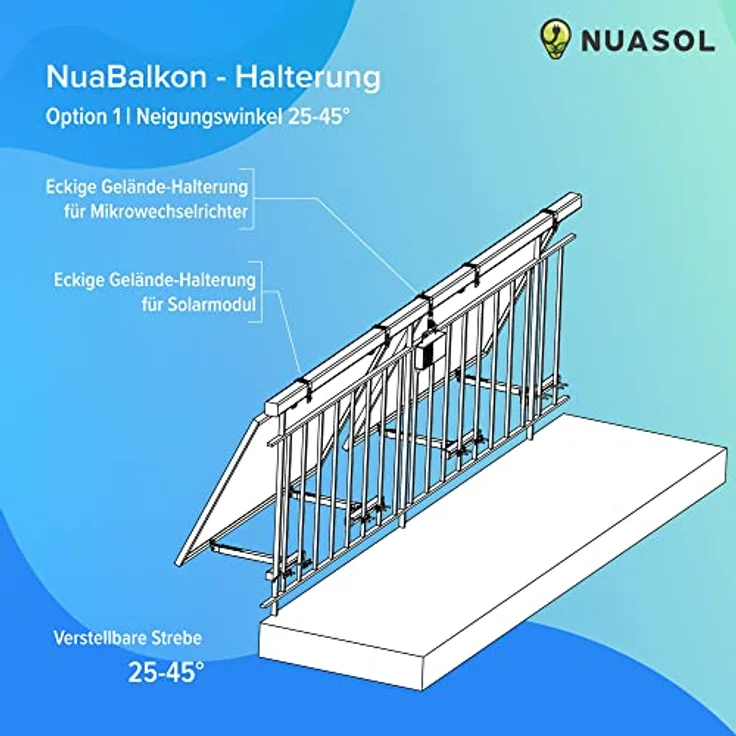 NuaSol Balkonkraftwerkhalterung Geländer Befestigung für 2 Solarmodule und ein Wechselrichter Photovoltaik | Eckig | Neigungswinkel 0° & 25-45° | Geländerbreite bis 80x80mm | Silber – Bild 3