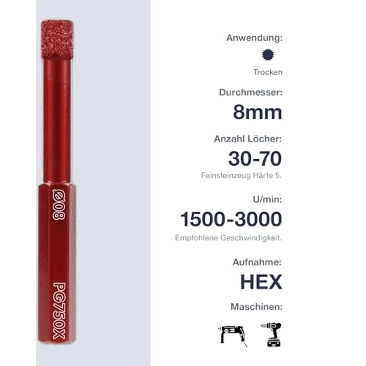MARCRIST Fliesenbohrer PG750X-HEX, 8mm für präzises Bohren in Fliesen – Bild 3