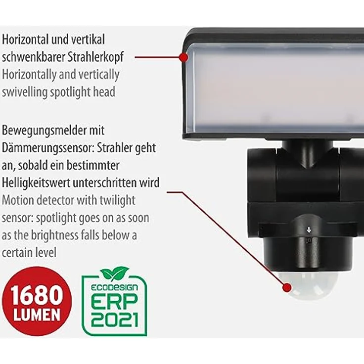 Brennenstuhl LED Strahler mit Bewegungsmelder WS 2050 SP/LED Außenstrahler 20W (1680lm, IP44, 3000K, warmweißes Licht, 180° Erfassungswinkel mit bis zu 10m Reichweite, mit Dämmerungssensor) schwarz – Bild 2