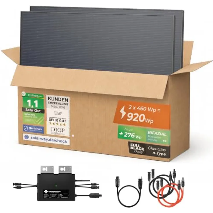 Solarway Balkonkraftwerk 800W, Komplettset mit 2x 440Wp Black Frame Solarmodulen und Envertech Wechselrichter