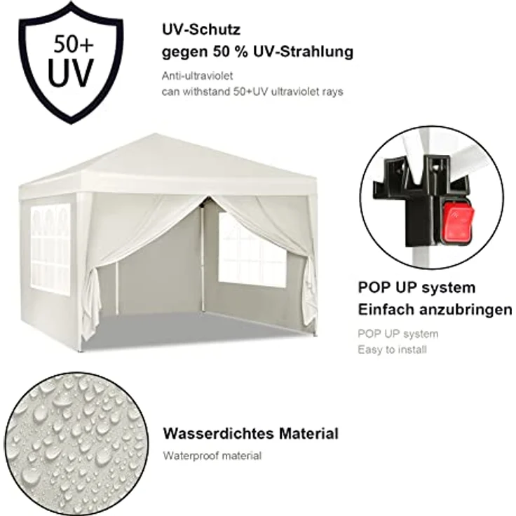 WOLTU Pavillon Pop-Up wasserdichter Faltpavillon Sonnenschutz Event Pavillon mit Seitenwänden Gartenpavillon auf Terrasse Camping Festival Pagodenzelt aus Oxford Metallrahmen 3 x 3 m Beige – Bild 4