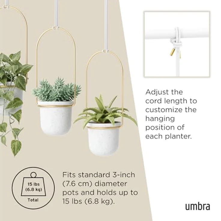 Umbra Triflora Vase, Hängeblumentopf, Wandvase, Blumenampel für Wand-und Deckenanbrinung, Melamin, Metall, Weiss-Messing, 3er Set – Bild 5