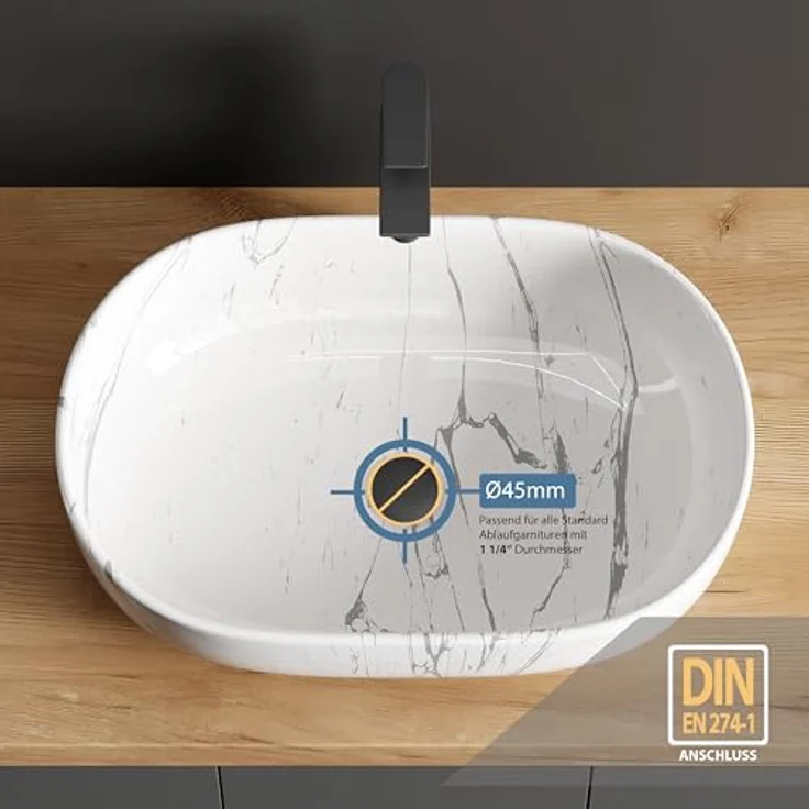 Planetmöbel Aufsatzwaschbecken Aquil Deluxe, 60 cm oval, marmor weiß, hochglänzend für Waschtisch – Bild 3
