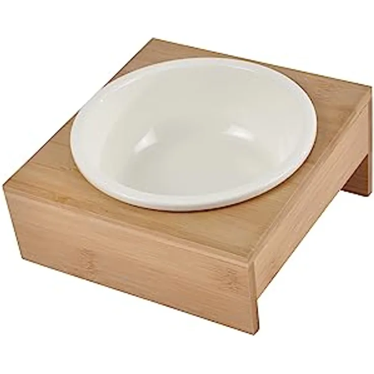 Futternapf, Keramik, mit Halterung, Bambus, Natur, D16 cm, 18 x 20 cm, Weiß
