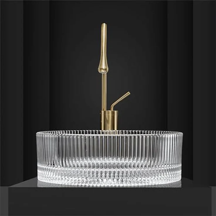 wohnwerk.idee Aufsatzwaschbecken Glaswaschbecken Ingrid Ø39,5 Schwarz Grau Weiß rund, modernes Design mit gerippter Oberfläche und luxuriösem goldfarbenen Wasserhahn – Bild 5