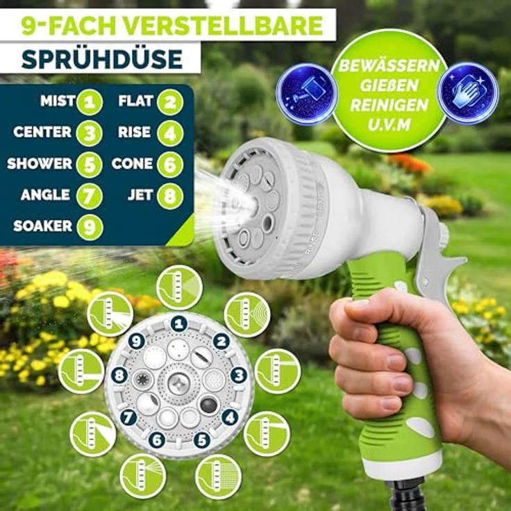 tillvex Schlauchtrommel Wasser mit Wandhalterung, 35m Gartenschlauch, 180° schwenkbar, Handbrause mit 9 Funktionen, Aufroll-Automatik, grün – Bild 4