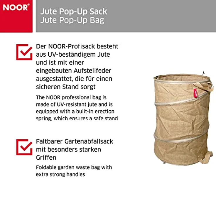 NOOR Jute Pop-Up Sack 100L (Größe M, Ø 45x60 cm) I Gartenabfallsack selbststehend I Faltbarer Laubsack I Gartensack für Schrebergärten, zum Ernten, Lagern & Transportieren von Gartenabfällen – Bild 3