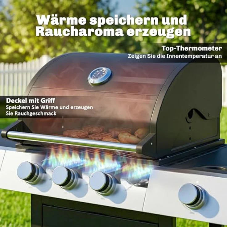 Outsunny Gasgrill 10,5 KW 3+1 Brenner, BBQ Grillwagen aus Edelstahl mit Seitenbrenner, Flaschenöffner, Thermometer, Gusseisen-Grillrost und Warmhalterost, mobil mit Rollen, ideal für Balkon und Partys – Bild 5