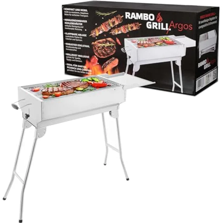 BEM Rambo Argos Holzkohlegrill, Edelstahl Klappgrill mit 28 x 59 cm Grillrost, Kohlebehälter und komfortablen Griffen, ideal für Garten und Camping – Bild 1