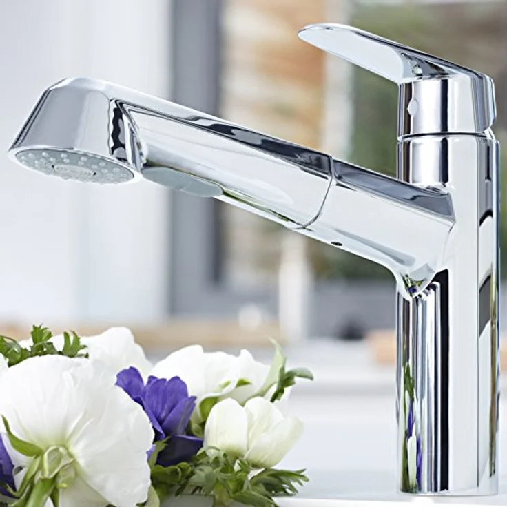 Grohe Küchenarmatur Eurodisc Cosmopolitan, mittelhoher Auslauf, herausziehbare Brause, Chrom, 2 Strahlarten – Bild 3