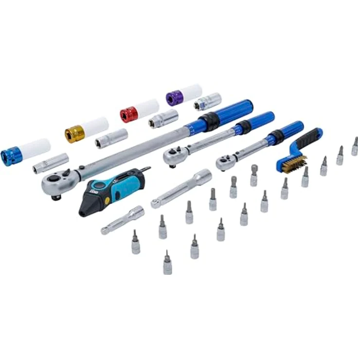 BGS Drehmomentschlüssel-Satz 31-tlg. | Abtrieb Außenvierkant 6,3 mm (1/4"), 10 mm (3/8"), 12,5 mm (1/2") | leichtes Einstellen des Drehmomentwerts | farblich codierte Kraft-Schoneinsätze | inkl. Zündkerzen-Einsätzen und Digitaler Reifendruckprüfer – Bild 2