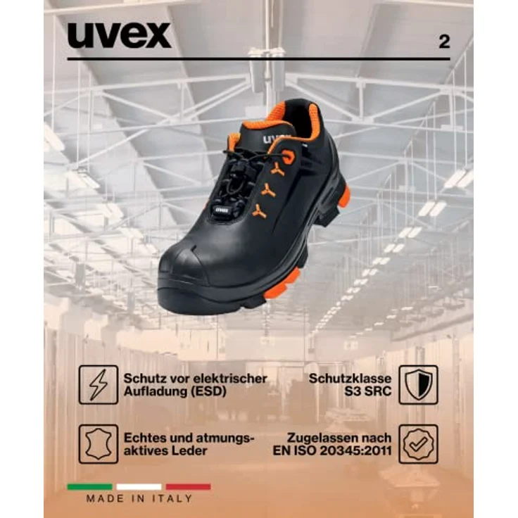 Uvex 2 Sicherheits-Halbschuh Gr. 36 W11 S3L ESD, schwarz/orange, atmungsaktives Obermaterial mit metallfreier Zehenschutzkappe und hoher Flexibilität – Bild 7