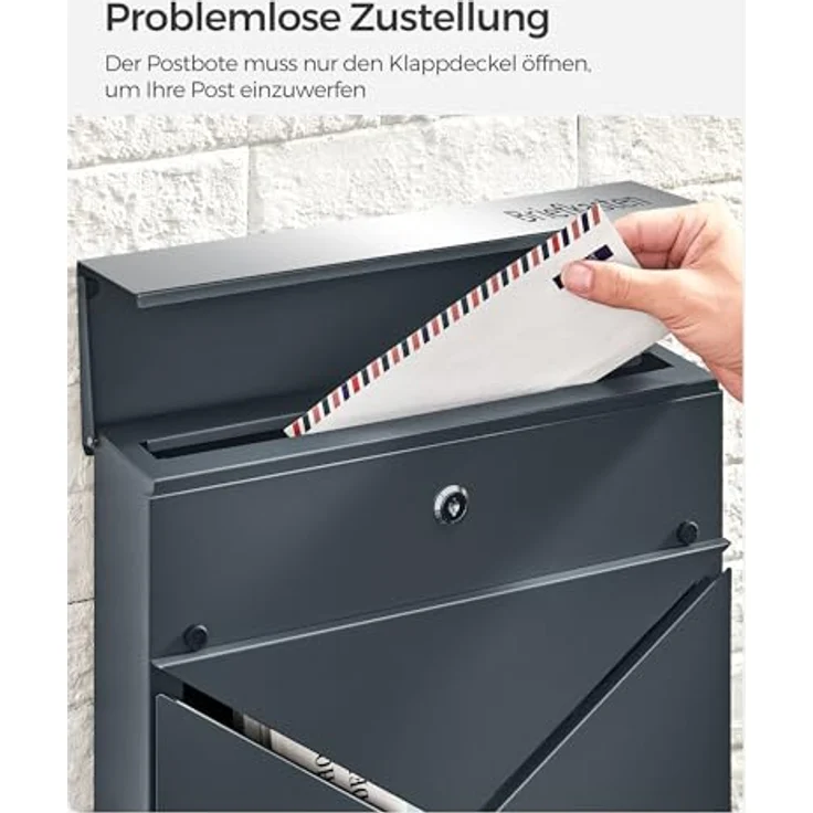 SONGMICS GMB080D01V1 Briefkasten personalisiert, abschließbar mit Namensschild und Hausnummernschild, anthrazit-silbern, wasserresistent, Zeitungsfach, V-förmiges Sichtfenster, einfache Montage – Bild 5