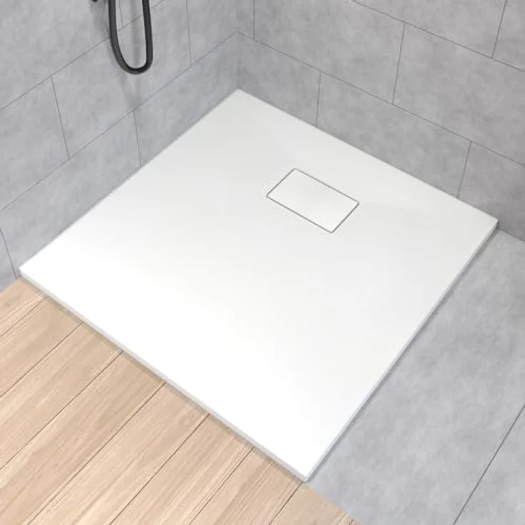 BADLAND Duschkabine HELA mit Duschwanne VIDAR 80x80 cm, quadratische Duschabtrennung aus transparentem Nano Glas 6 mm, Duschtasse in Weiß Steinoptik mit Ablaufgarnitur Ø 90 mm – Bild 5