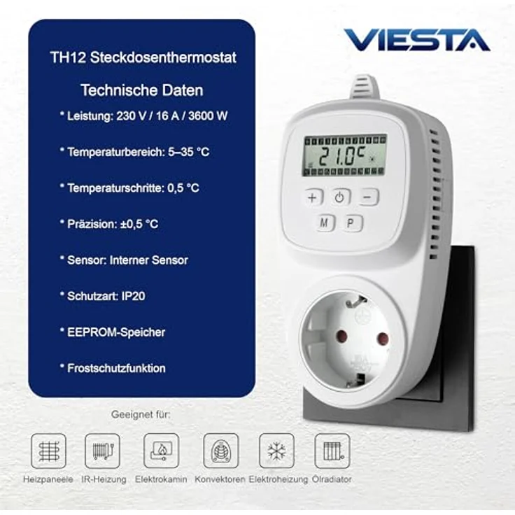 VIESTA TH12 Steckdosenthermostat, programmierbar für 7 Tage, 230V/16A/3600W, 5-35°C, mit LCD-Display, EEPROM-Speicher und Frostschutz, für elektrische Heizgeräte und Heizpaneele – Bild 5
