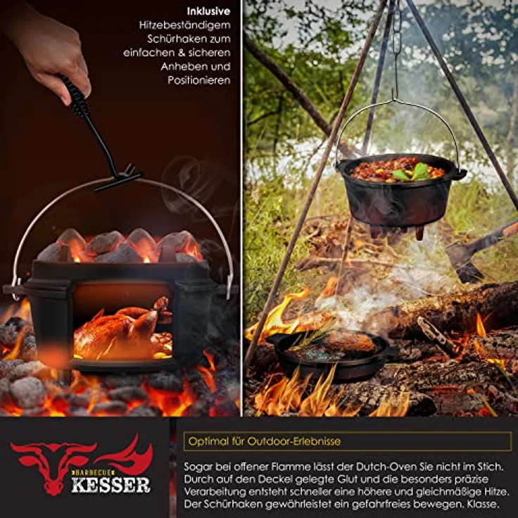 KESSER® Dutch Oven Set BBQ 4,2 Liter, Feuertopf Schmortopf mit Füßen, Gusseisen Topf mit Deckelheber Henkel und Schlitz für Themormeter, kochkessel Grilltopf Gulaschkessel für Oudoor & Indoor – Bild 5
