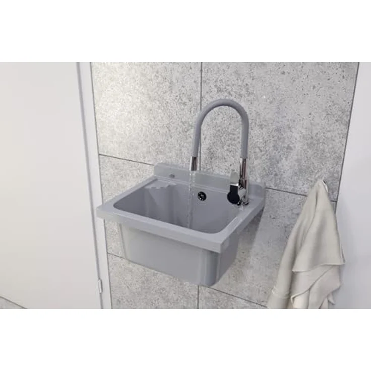 Granitan Kunststoffspüle LOMA - Ausgussbecken Waschtrog mit Siphon - Wandmontage 42x34x24 cm, Waschebcken Set - Erhältlich in verschiedenen Farben – Bild 2