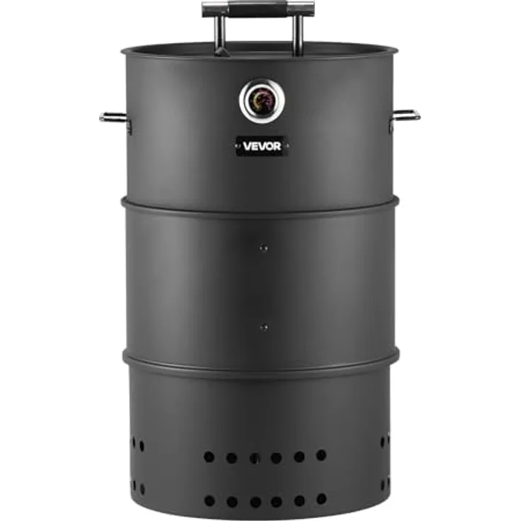 VEVOR Holzkohle-Räucherofen 470 mm, Grilltonne aus beschichtetem Stahl mit 2 Grillrosten, 1 Aufhängestange, 6 Haken, Thermometer für BBQ und Smoken, ideal für Garten & Terrasse