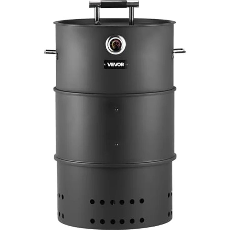 VEVOR Holzkohle-Räucherofen 470 mm, Grilltonne aus beschichtetem Stahl mit 2 Grillrosten, 1 Aufhängestange, 6 Haken, Thermometer für BBQ und Smoken, ideal für Garten & Terrasse – Bild 1