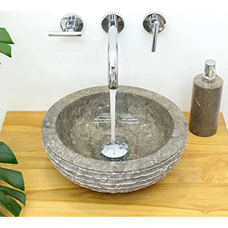 wohnfreuden Marmor Waschbecken 015 MINI, rundes Aufsatzwaschbecken aus handgearbeitetem Marmor, grau, 30 cm – Bild 2