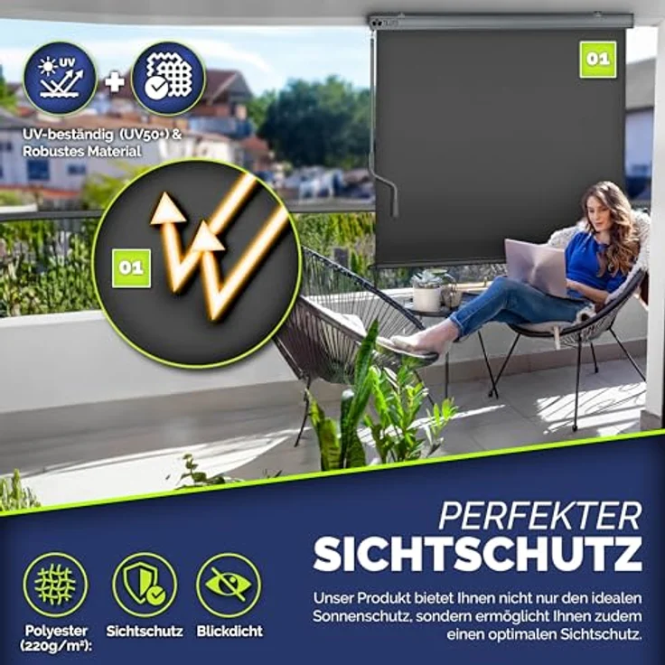 tillvex Senkrechtmarkise 160 x 250 cm für Außen- und Innenbereich | Aluminium Balkonrollo wasserfest mit Handkurbel | UV-Schutz 50+ | Grau – Bild 5