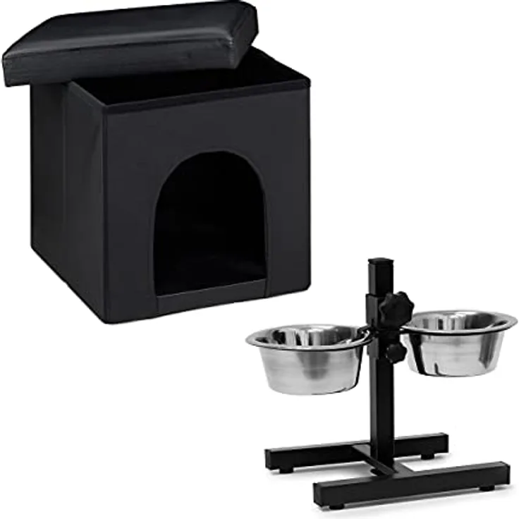 Relaxdays 2 teiliges Set Home Sweet Hund Deluxe M, Hundebox als Sitzhocker mit Tierhöhle, Hundebett schwarz, Doppelnapf höhenverstellbar, Futterstation
