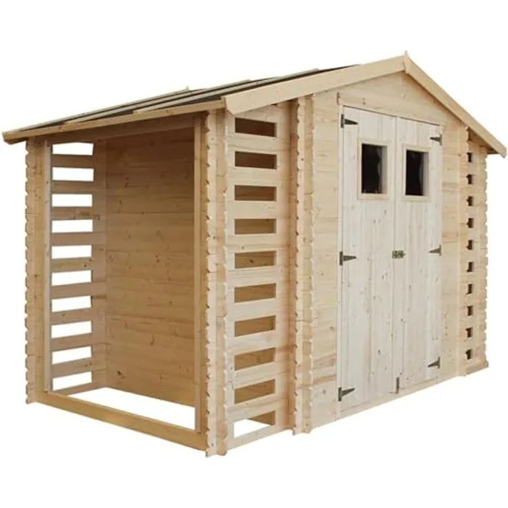 TIMBELA Holzhaus Gartenhaus mit Brennholzschuppen M391+M391G - mit Boden Imprägnierte B328xL206xH218 cm/ 3,53 + 0,97 + 0,97 m2 Lagerschuppen für Garten - Fahrrad Schuppen - Wasserfestes Dach