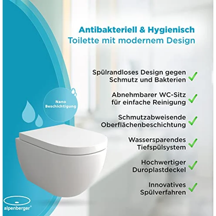 Alpenberger Spülrandloses Hänge WC mit Bidet Funktion | Taharet WC mit Nano Beschichtung & Toilettendeckel mit Absenkautomatik | Keramik Toilette Kloschüssel Passend zu Geberit (Cera 6201 U) – Bild 4