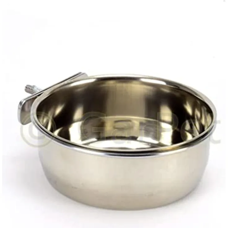 Edelstahlnapf zum Einhängen Schraub oder Hakenbefestigung Vogel Nager Hunde Napf (0,15 L mit Schraubenhalterung)