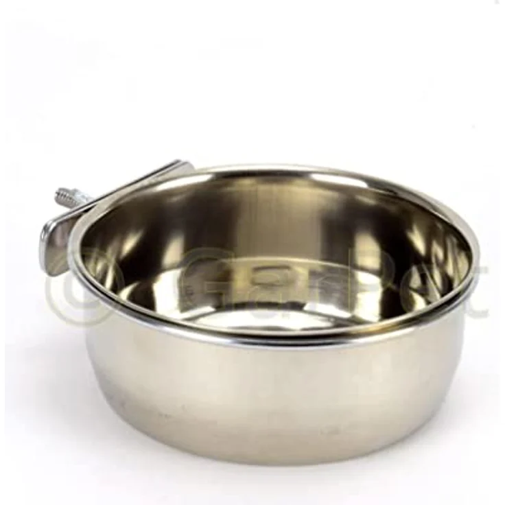 Edelstahlnapf zum Einhängen Schraub oder Hakenbefestigung Vogel Nager Hunde Napf (0,15 L mit Schraubenhalterung) – Bild 1