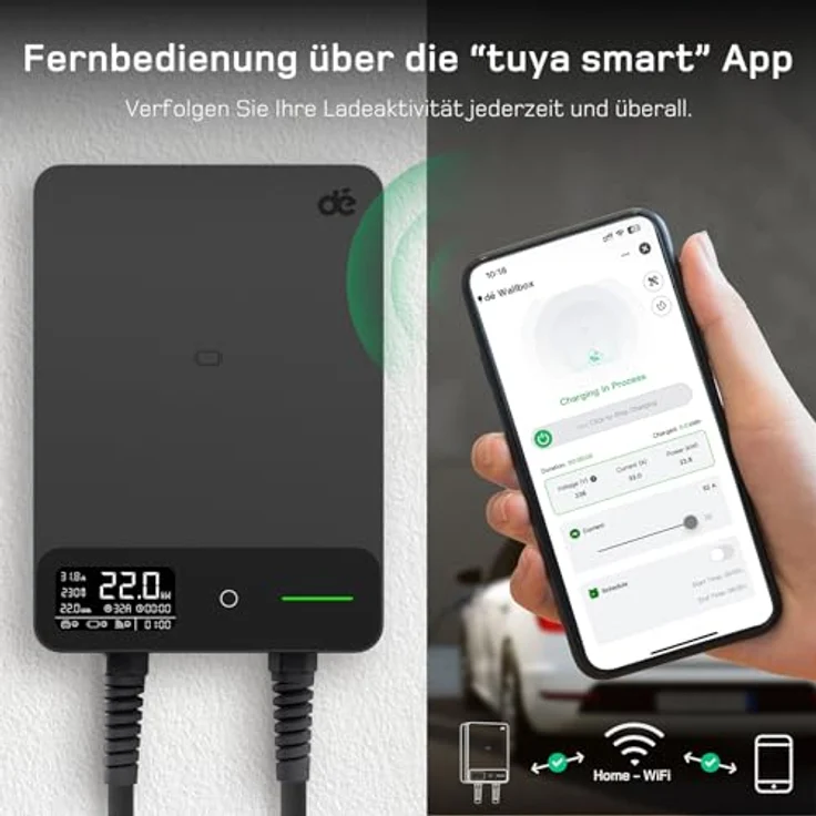 dé Wallbox 22kW, 3-Phasen EV-Ladegerät mit App, 15m Typ 2 Ladekabel, RCD Typ-B & IP54-Schutz, effiziente Ladestation für Zuhause, Schwarz – Bild 3