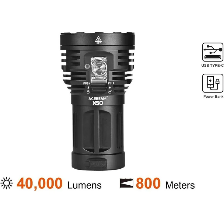 AceBeam X50, Taschenlampe mit 40000 Lumen, 800 Meter Reichweite, USB-C, Powerbank-Funktion