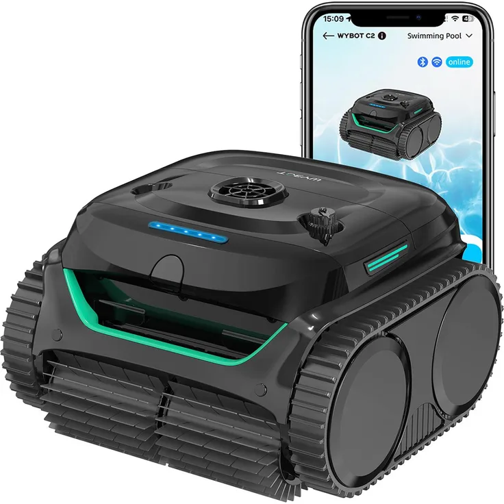 WYBOT C2 Kabelloser Poolroboter mit App-Steuerung, hohe Saugleistung bis zu 10.000 l/h, verbesserte Doppelfiltration, schwarz-grün