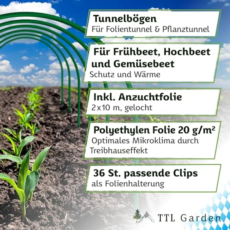 TTL GARDEN Pflanztunnel Set, 12 Tunnelbögen 65x60 cm mit gelochter PE Folie & 36 Clips – Bild 2