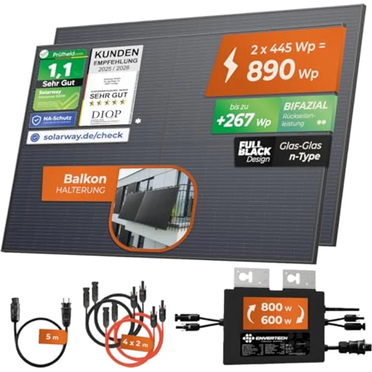 Solarway 880W Balkonkraftwerk 800W - Bifaziale Solarmodule & Envertech - Steckdose - Flachdach Halterung – Bild 2