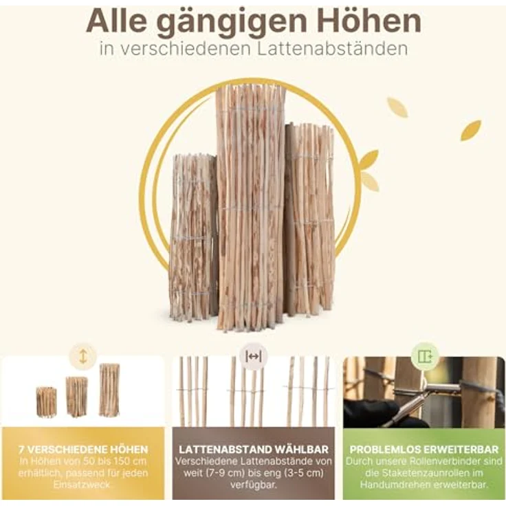 STILTREU Staketenzaun Haselnuss, 100 cm hoch, 5 Meter lang, Lattenabstand 3-5 cm, witterungsbeständig, handgefertigt – Bild 5