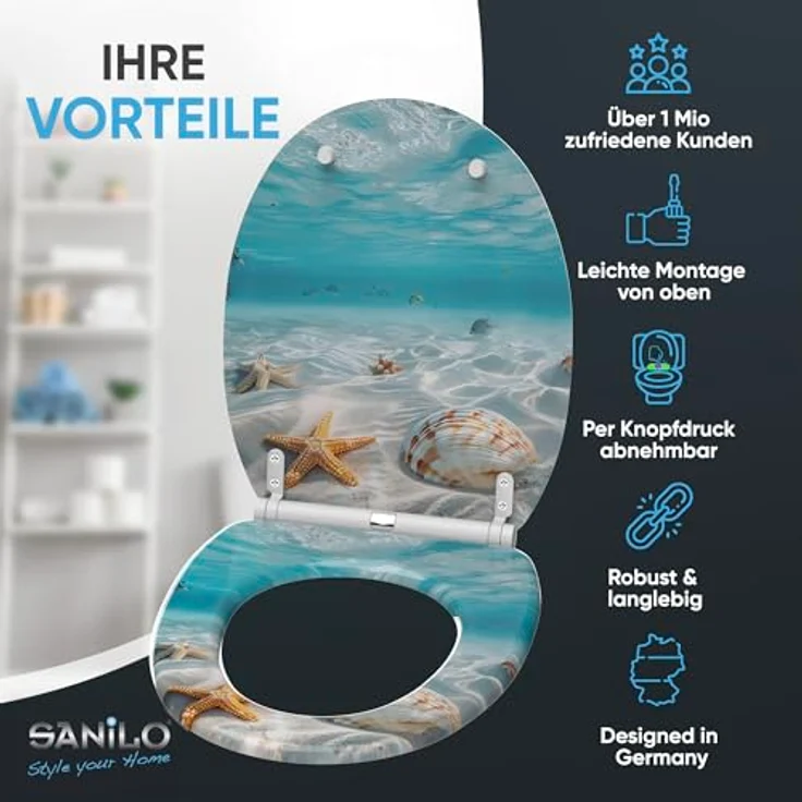 Sanilo WC Sitz Top Fix Waterworld, Absenkautomatik, bruchfestes Holz, 6 Abstandshalter, pflegeleicht, antibakterielle Beschichtung – Bild 2