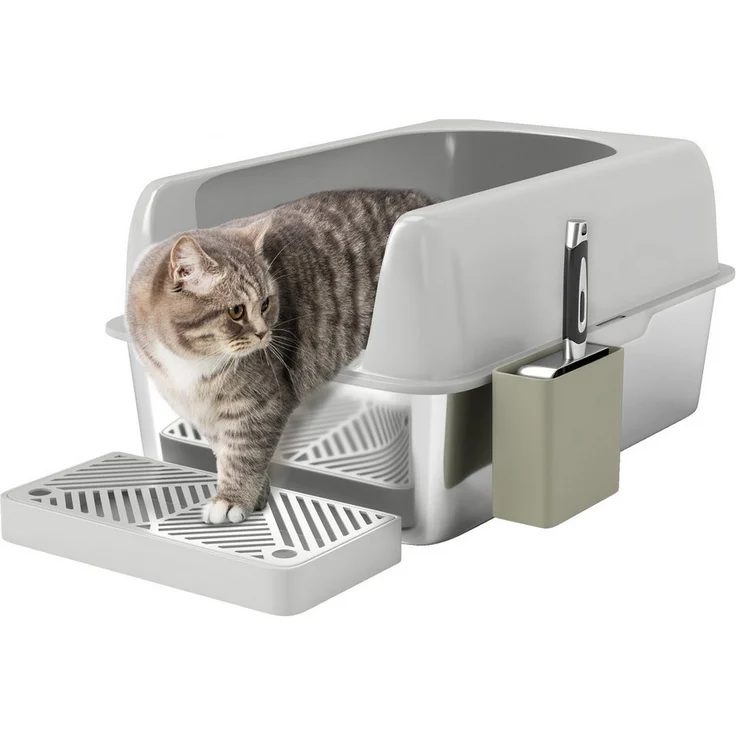 PawHut Edelstahl-Katzentoilette mit Schaufel, für Katzen unter 4,5 kg, Indoor, Hellgrau – Bild 1