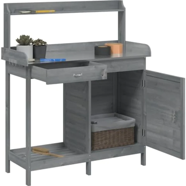 vidaXL Pflanztisch mit Schrank, Gärtnertisch aus grau massivem Tannenholz, vielseitiger Stauraum und verzinkter, wasserfester Tischplatte – Bild 5