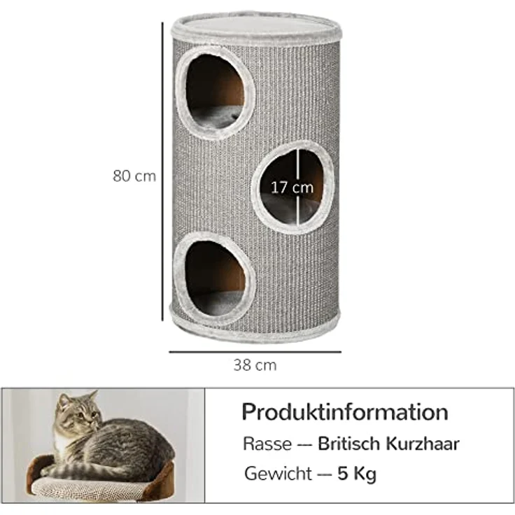 PawHut Kratztonne, Höhe 70 cm, Spieltonne für Katzen, 3 Ebenen, Katzenkratzbaum mit 3 Höhlen, Katzenbaum, Kratzturm aus Sisal, Katzenmöbel, Plüsch, Hellgrau – Bild 3