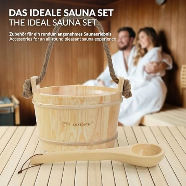 LuxeBath Saunazubehör-Set, 2-tlg. Aufgusskübel aus Kiefernholz mit PVC-Einsatz, 4L Saunaeimer mit Seilgriff & Schöpfkelle, langlebiges Wassereimer Zubehör – Bild 4