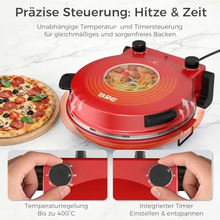 YASHE Pizzaofen Elektrisch, 400°C, 1200W, Keramikstein, Sichtfenster, Timer, für knusprige Pizza in 4–6 Minuten – Bild 3