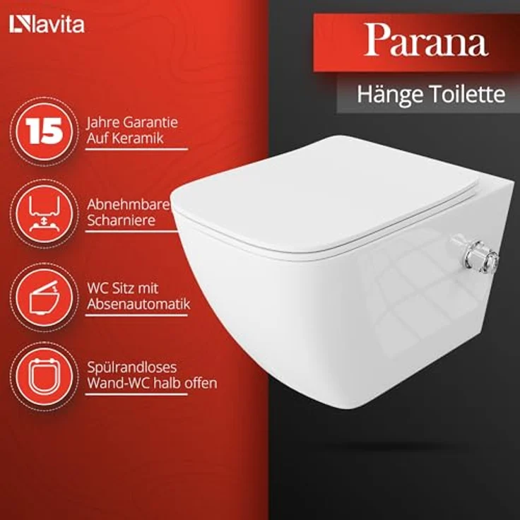 lavita Wand-WC Parana | Hänge Toilette mit Bidet-Funktion | Soft-Close WC-Sitz | Spülrandlos Hängend | 365x515x395 mm | Weißer Glanz - Preisvergleich – Bild 2