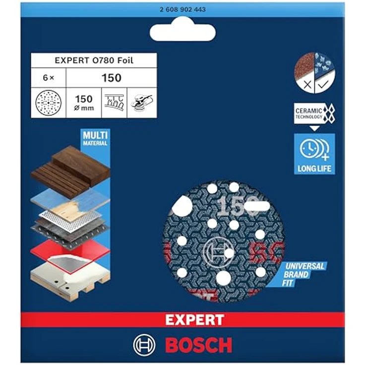 Bosch 6x EXPERT O780 Folienschleifscheibe, 150 mm, Körnung 150, für Hartholz und Farbe auf Holz, mit Klettverschluss – Bild 2