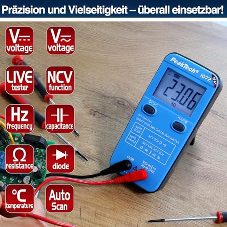 PeakTech P1072 – True RMS Digital Multimeter SMART mit Auto-Range, 4.000 Count LCD-Anzeige, bis 600V AC/DC, NCV, Live-Test, CAT III 600V, robustes ABS-Gehäuse – Bild 3