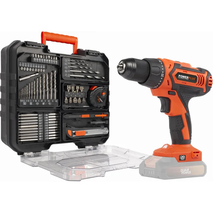 POWERPLUS POWDP15110 Akku-Schrauber/Bohrmaschine 20V, 78 Zubehörteile im Koffer, orange, max. Drehmoment 35 Nm, 2 Geschwindigkeitsstufen, LED-Beleuchtung
