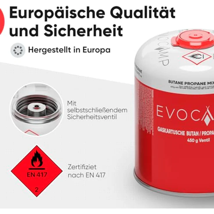 EVOCAMP 8x Propan Butan Gaskartuschen 450g, Schraubkartusche mit Sicherheits-Verschlussautomatik, kompatibel mit Weber Q100/1000-Serien, Eurogewinde 7/16" – Bild 4