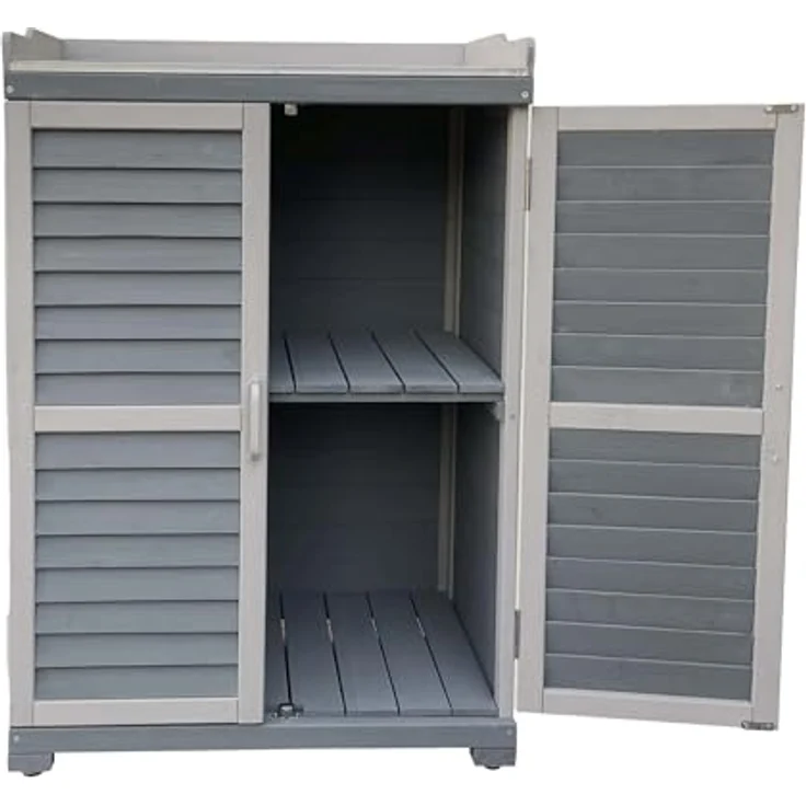 Wiltec Gartentisch mit Unterschrank und Arbeitsplatte, grau, Pflanztisch mit Schutzleisten für Gartenarbeiten, Holzschrank Werkzeugschrank Arbeitstisch für Garten – Bild 3